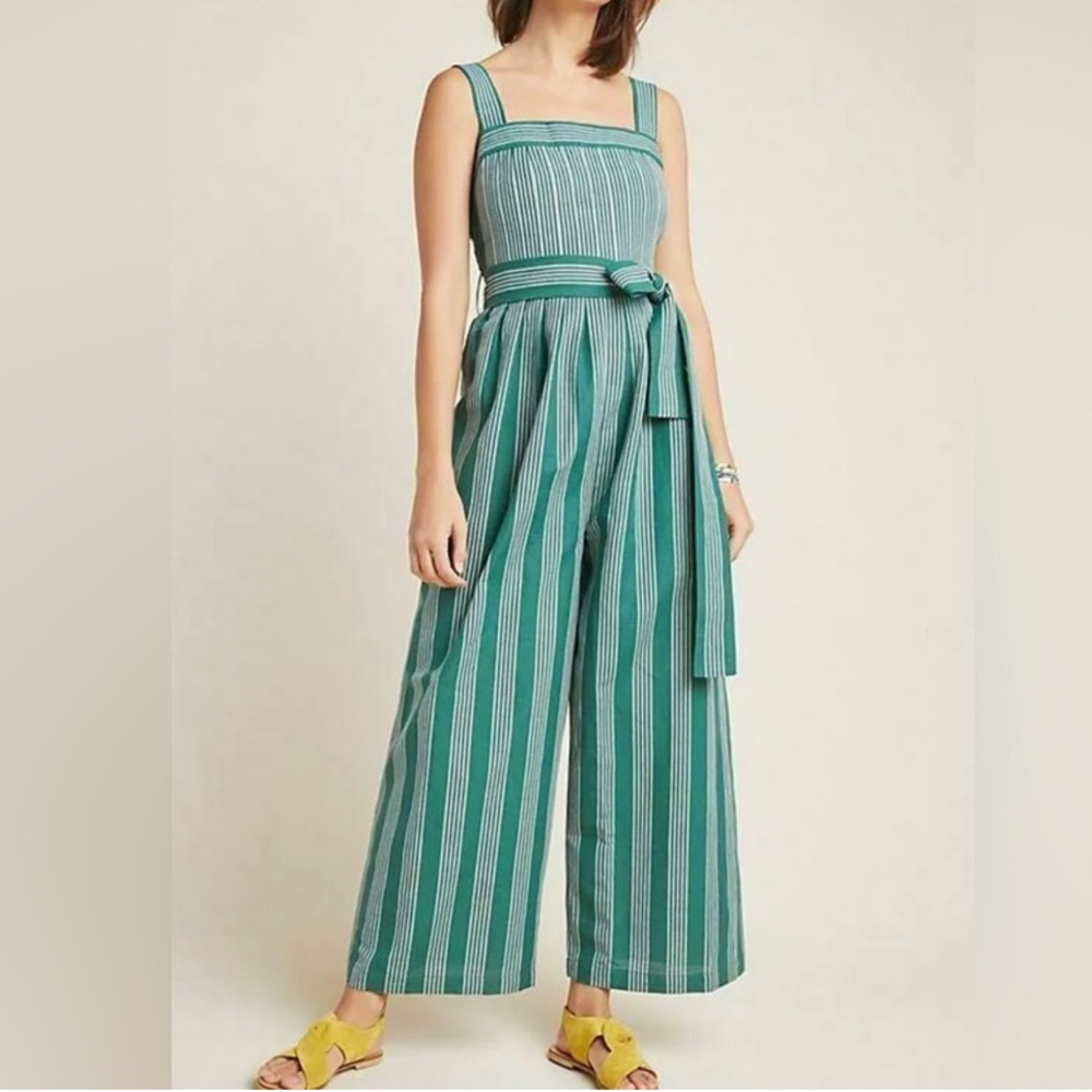 Anthropologie Payal Pratap Green Striped Linen Wide Leg Jumpsuit Size 4 Belted